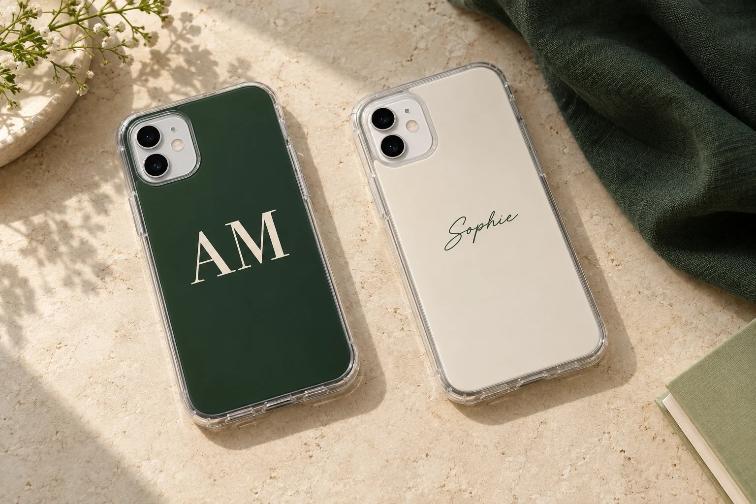 Phone Case with Name or Initials 1 Illustrative clear phone case designs with AM initials and the name Sophie
