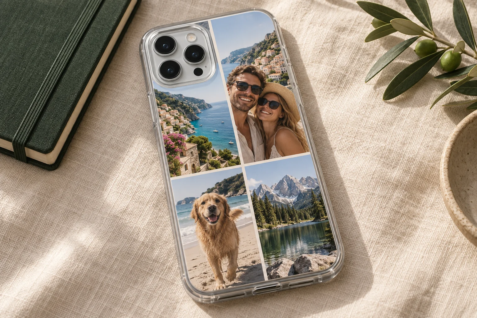 Photo Collage Phone Case 1 Illustrative photo collage phone case with holiday, couple, dog and mountain pictures