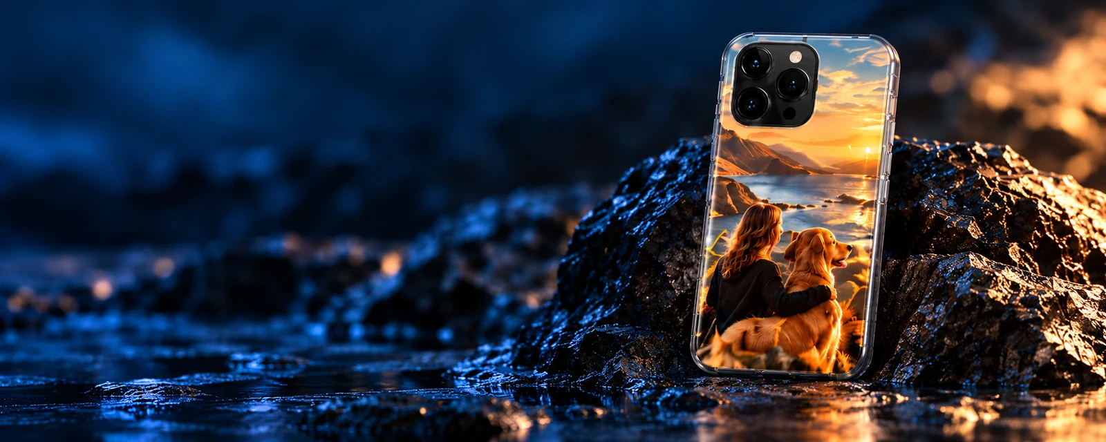 Personalized photo case on dark coastal rock.
