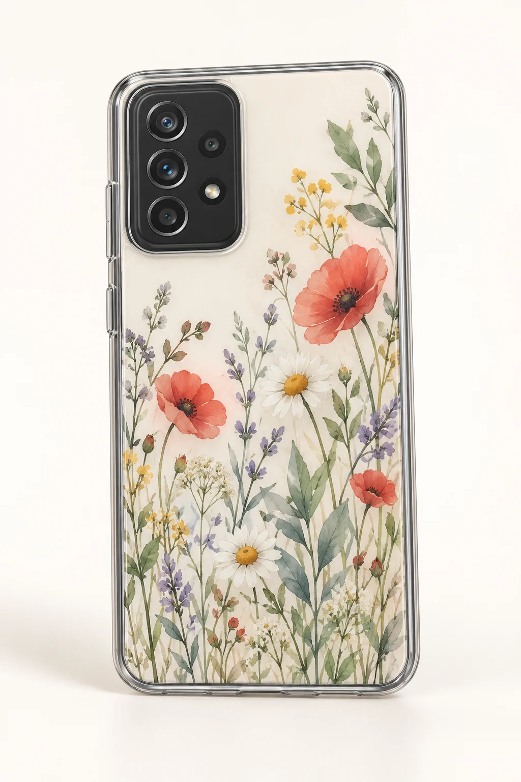 Samsung Galaxy A52 phone in a clear personalized case printed with a watercolor wildflower design