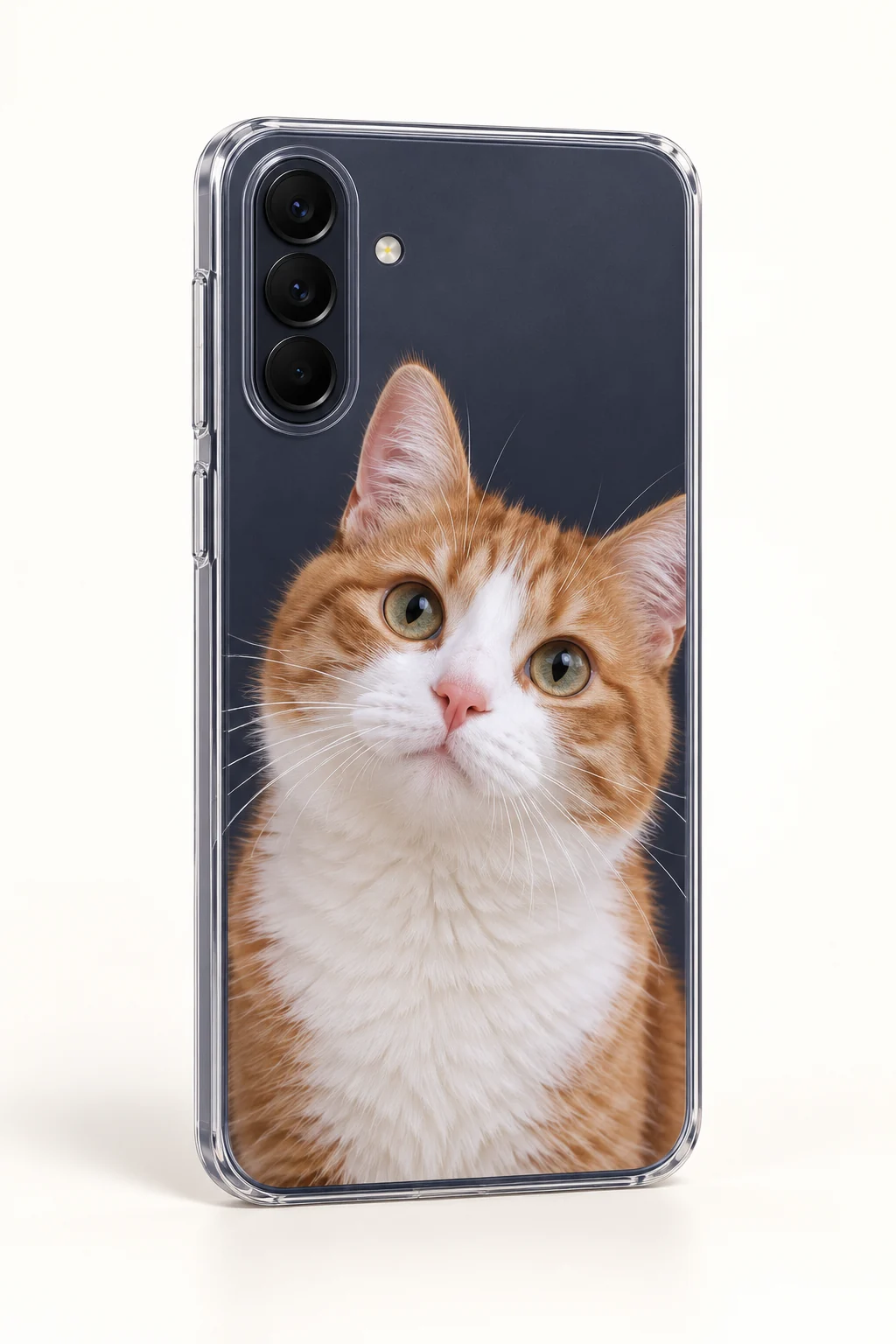 Samsung Galaxy A57 phone in a clear personalized case printed with a ginger cat photograph Samsung Galaxy A57 phone in a clear personalized case printed with a ginger cat photograph