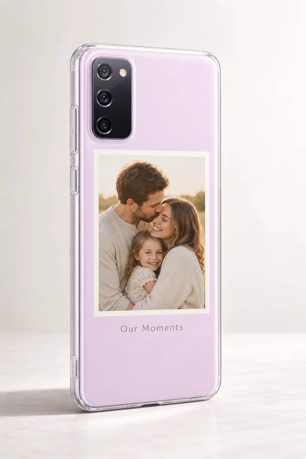 Samsung Galaxy S20 FE in a clear personalized case with a family photo Samsung Galaxy S20 FE in a clear personalized case with a family photo