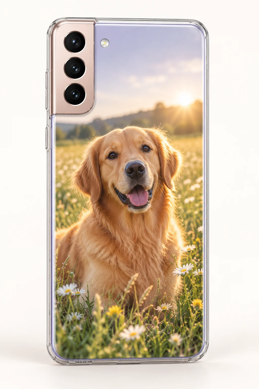 Samsung Galaxy S21 Plus phone in a clear personalized case printed with a golden retriever photograph Samsung Galaxy S21 Plus phone in a clear personalized case printed with a golden retriever photograph
