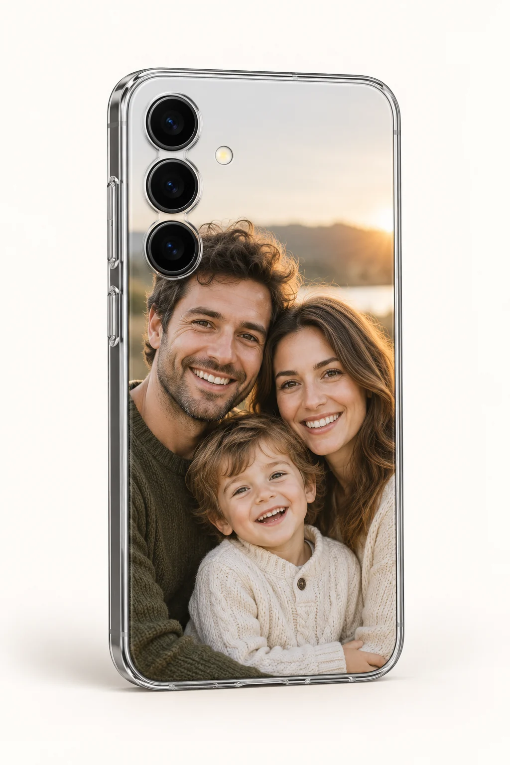 Samsung Galaxy S24 phone in a clear personalized case printed with a family photograph Samsung Galaxy S24 phone in a clear personalized case printed with a family photograph