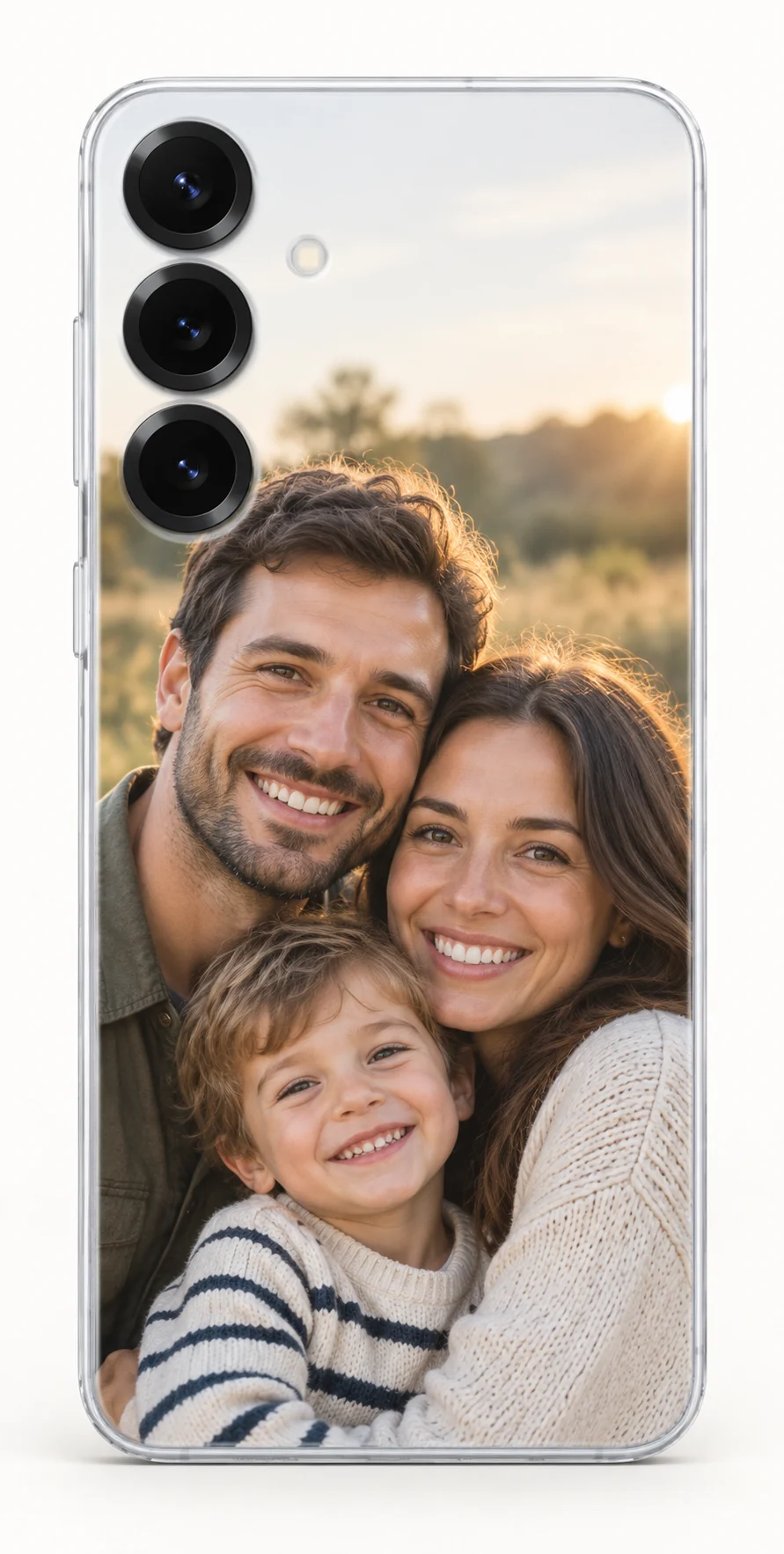 Samsung Galaxy S25 phone in a clear personalized case printed with a family photograph Samsung Galaxy S25 phone in a clear personalized case printed with a family photograph