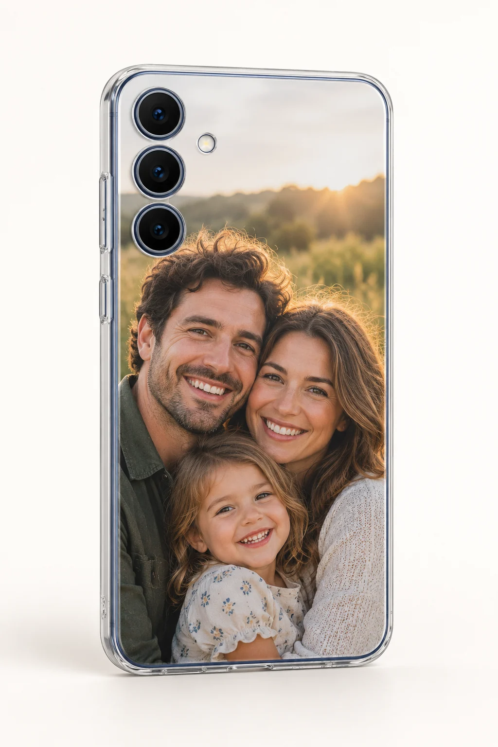 Samsung Galaxy S25 FE phone in a clear personalized case printed with a family photograph