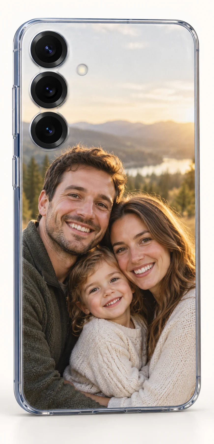 Samsung Galaxy S25 Plus phone in a clear personalized case printed with a family photograph