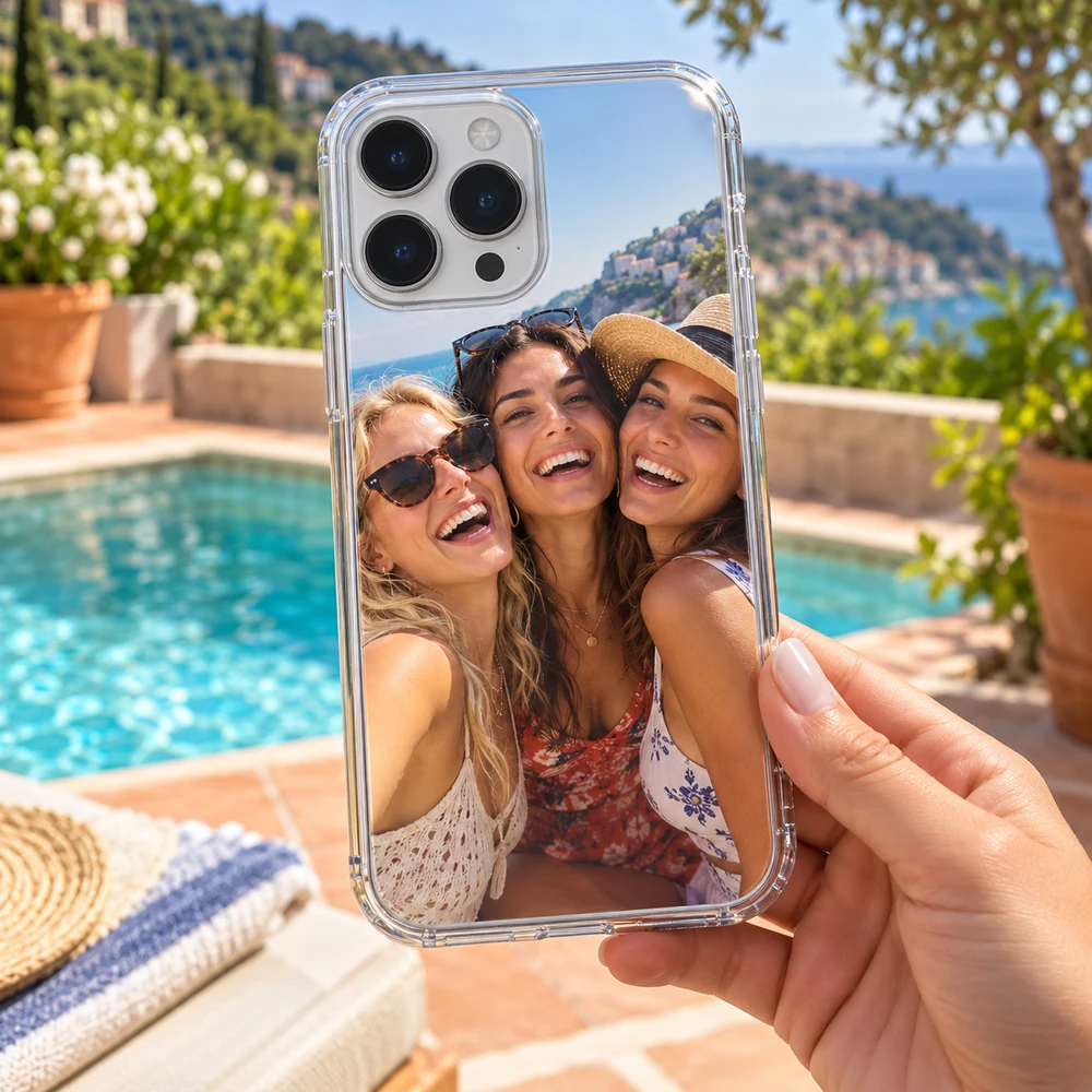 Personalized friends photo phone case on holiday Clear phone case with a photo of three friends, held beside a turquoise pool.