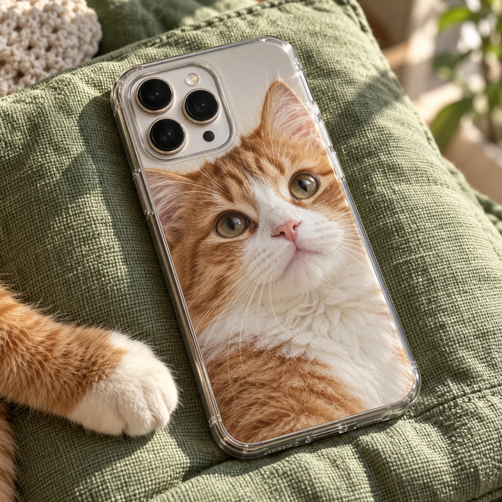 Personalized cat photo phone case on sage linen Clear phone case with a ginger cat photo on sage linen beside a cat paw.