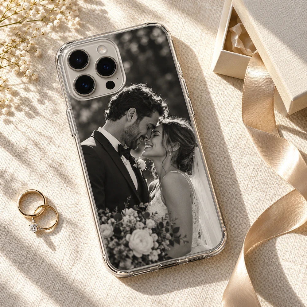 Personalized wedding photo phone case gift Clear phone case with a black-and-white wedding photo beside rings and a gift ribbon.