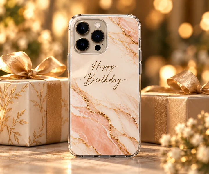 Home 11 A personalized birthday case beside wrapped gifts.