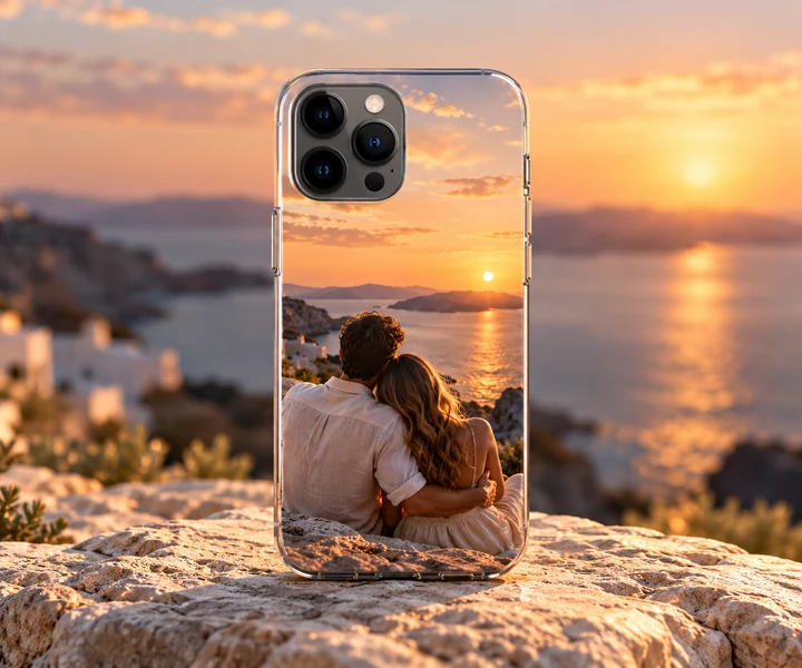 Home 12 A couple's sunset photo printed on a clear phone case.