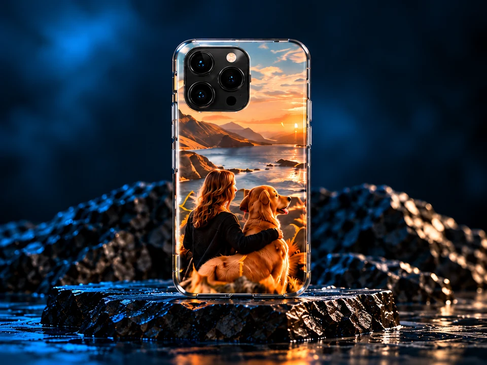 Home 15 Personalized photo phone case on dark rock.