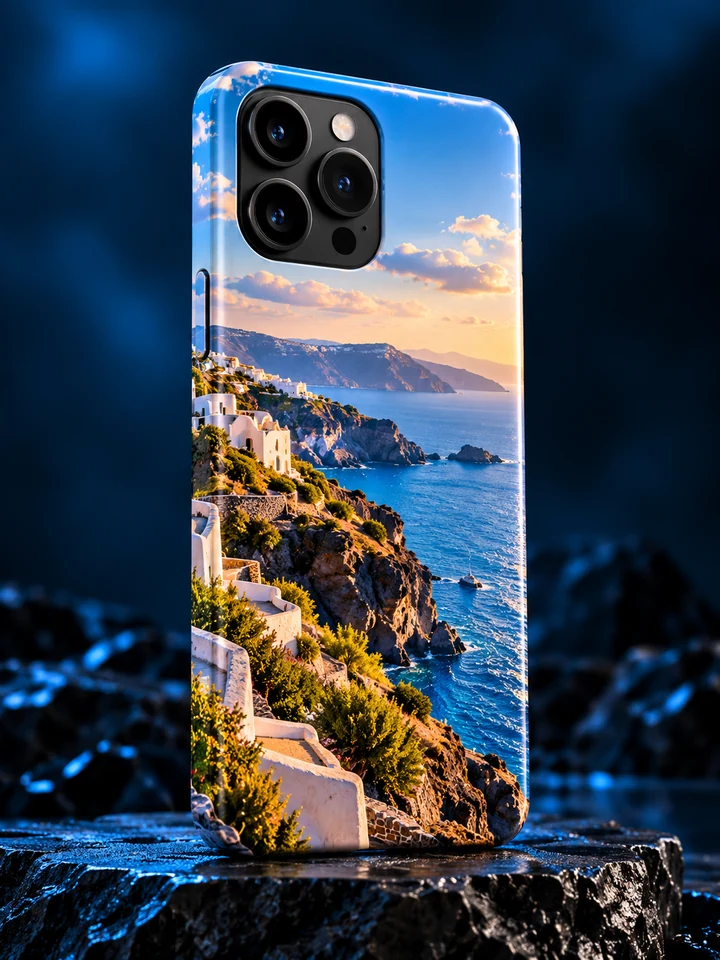 Snap phone case with coastal artwork wrapping onto its side.