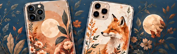 Phone cases with AI-created artwork: moonlit flowers and an autumn fox