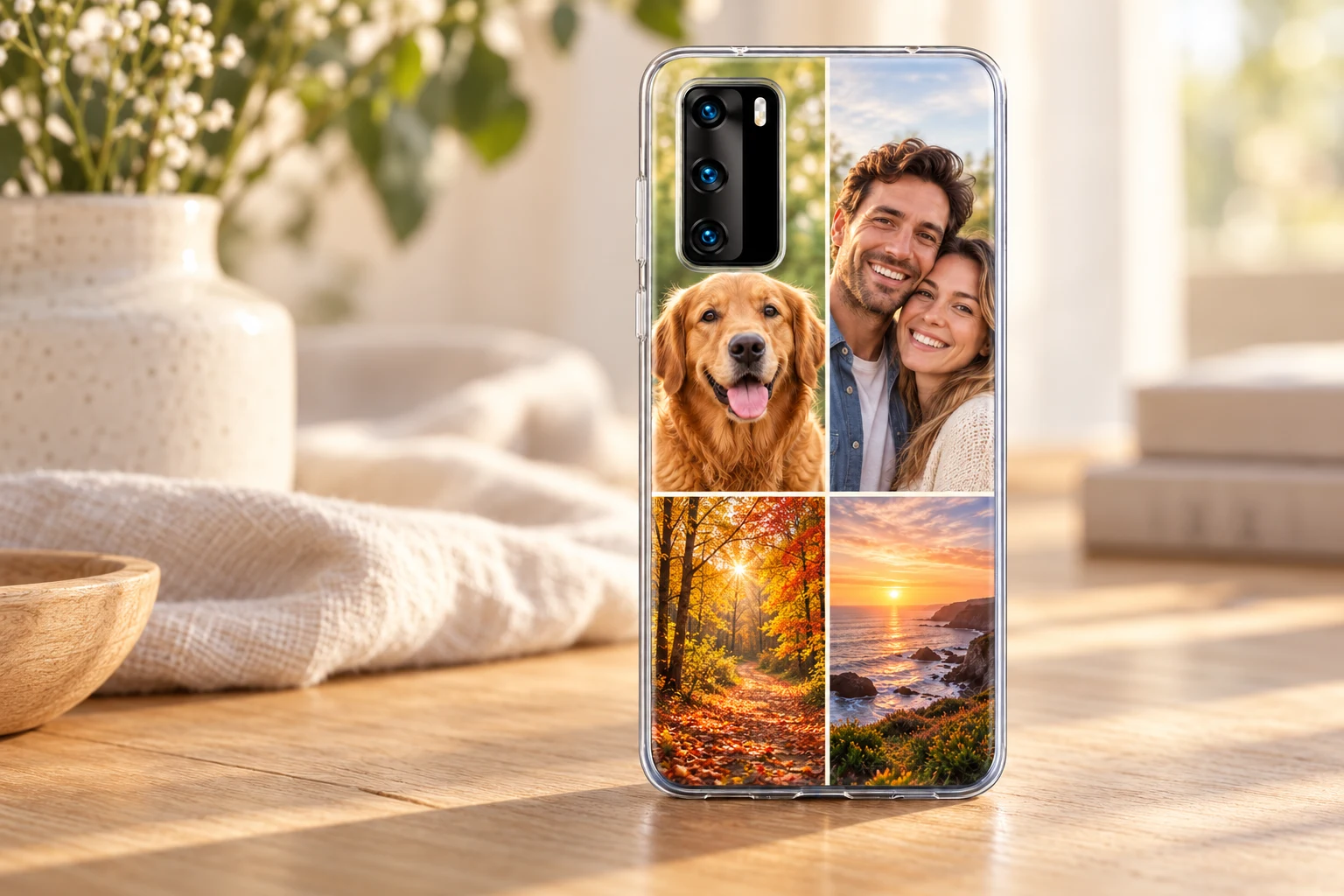 Custom Huawei Phone Cases 4 Huawei P40 clear case with a four-photo collage: family outdoors, Labrador puppy, autumn woods and sunset beach.