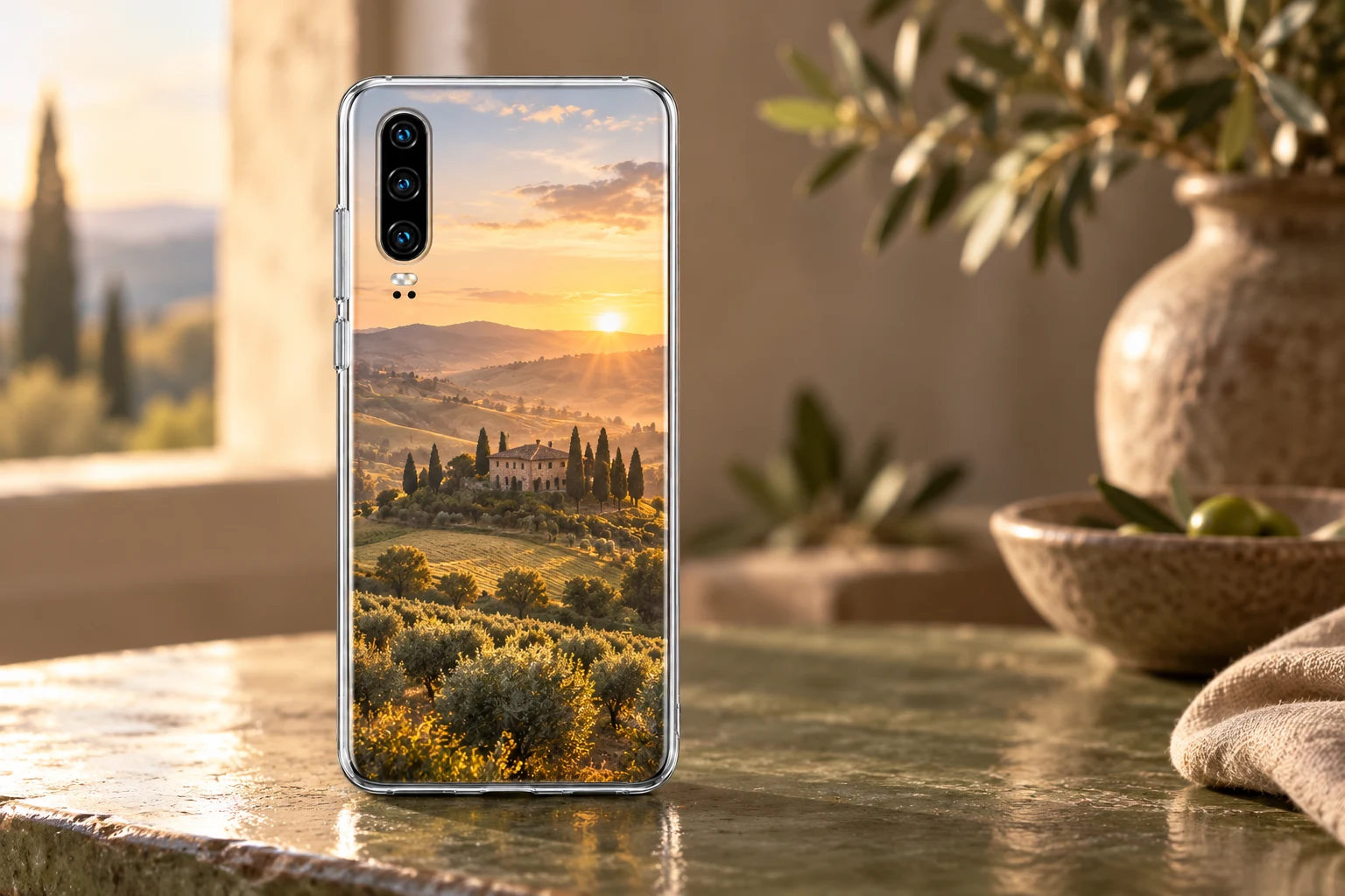Custom Huawei Phone Cases 2 Huawei P30 clear case printed with a Tuscan countryside photo at sunrise.