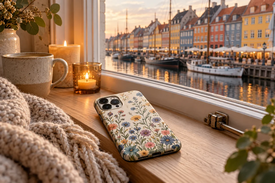 Mobilcover med billede 1 Mobilcover med billede i en vindueskarm med kaffe, stearinlys og farverige havnehuse udenfor