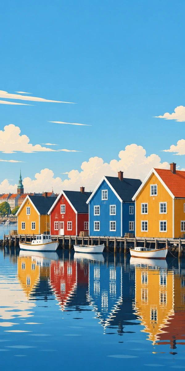 Mobilcover med billede 2 Design med farverige danske havnehuse, der spejler sig i vandet