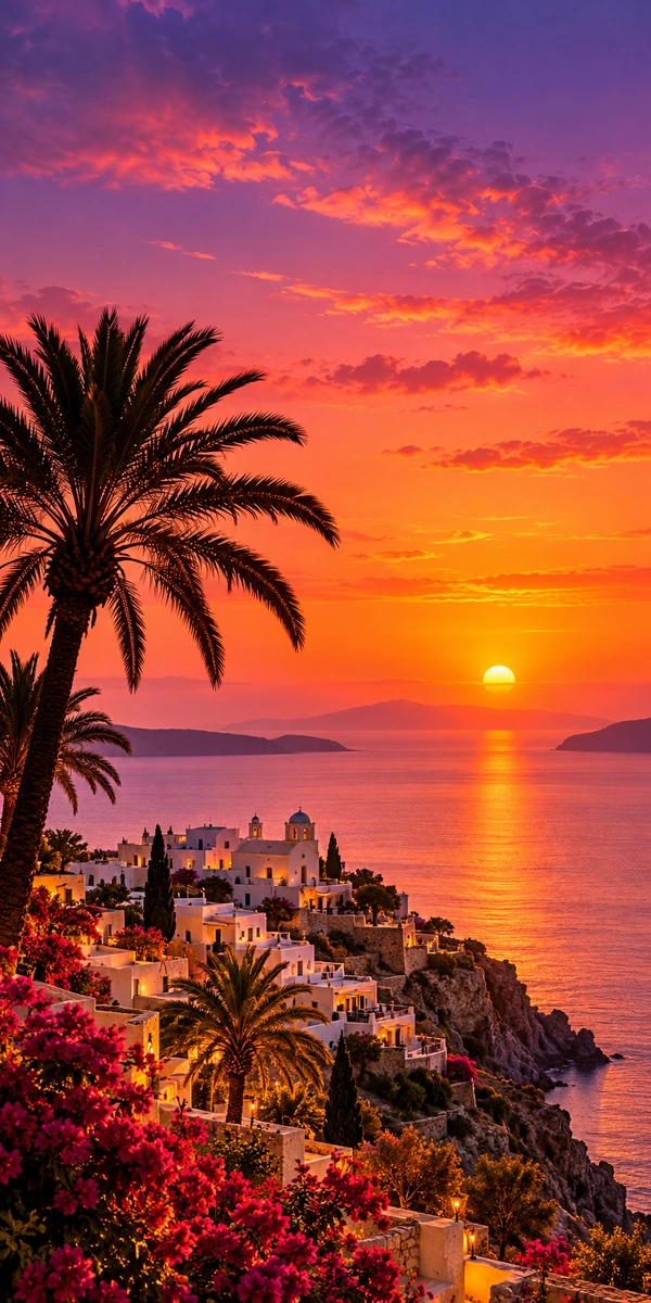 Funda personalizada con foto 3 Atardecer mediterráneo con palmeras y un pueblo blanco en la colina