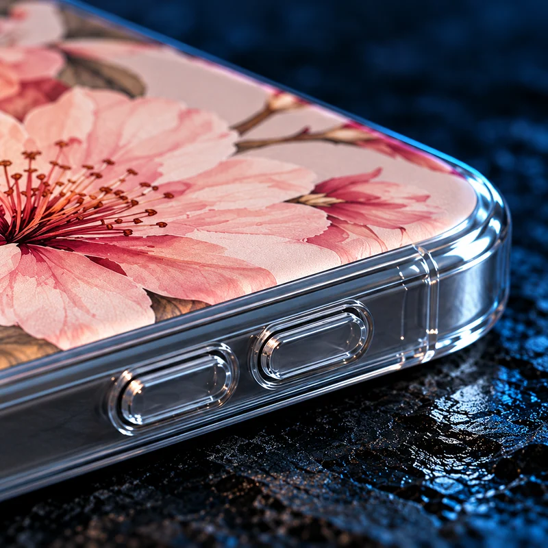 Home 22 Close-up of a floral printed case back meeting a clear unprinted side with transparent button covers.