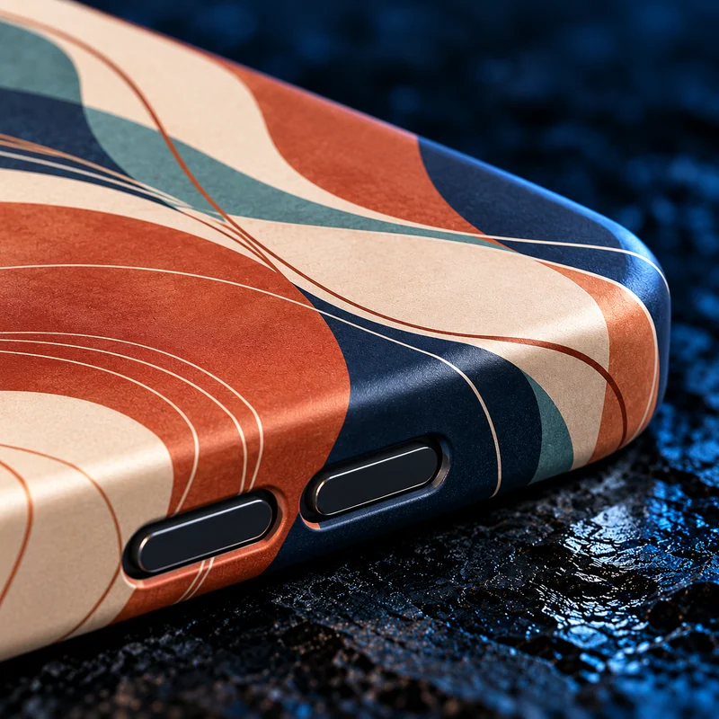 Home 23 Close-up of a warm terracotta, ivory, teal and navy abstract print wrapping around a rigid phone case edge.