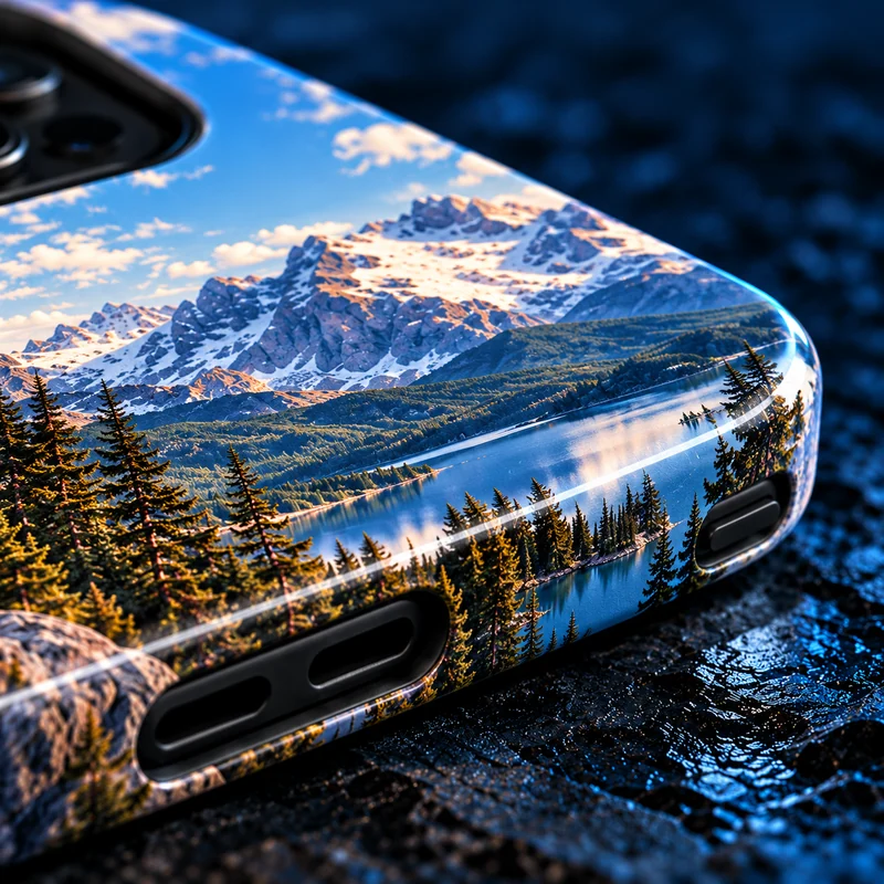 Home 24 Close-up of a mountain print wrapping a Tough case hard shell, with black inner material visible around openings and no visible magnetic ring.
