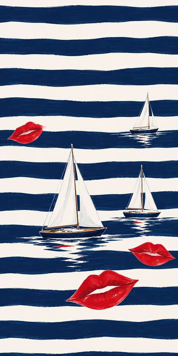 Coque personnalisée avec photo 3 Rayures bretonnes bleu marine et blanc avec voiliers et bouches rouges
