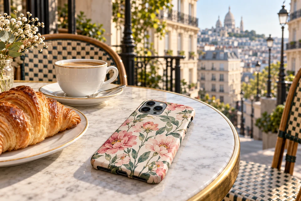 Coque personnalisée avec photo 1 Coque personnalisée sur une table de terrasse parisienne avec un croissant et un café crème