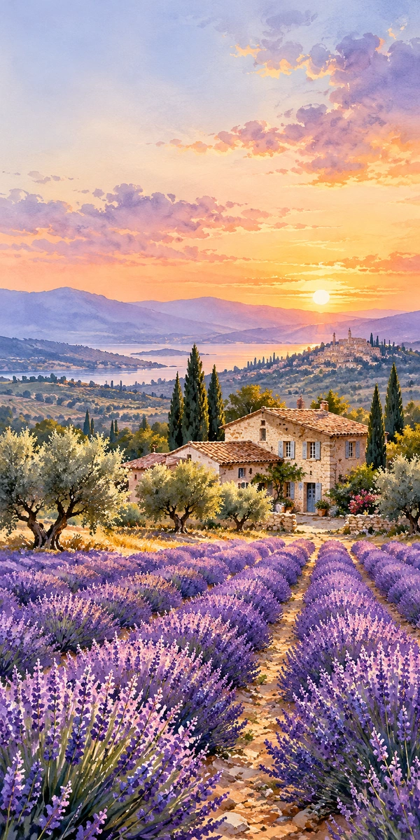 Coque personnalisée avec photo 2 Aquarelle de champs de lavande en Provence avec un mas en pierre au coucher du soleil