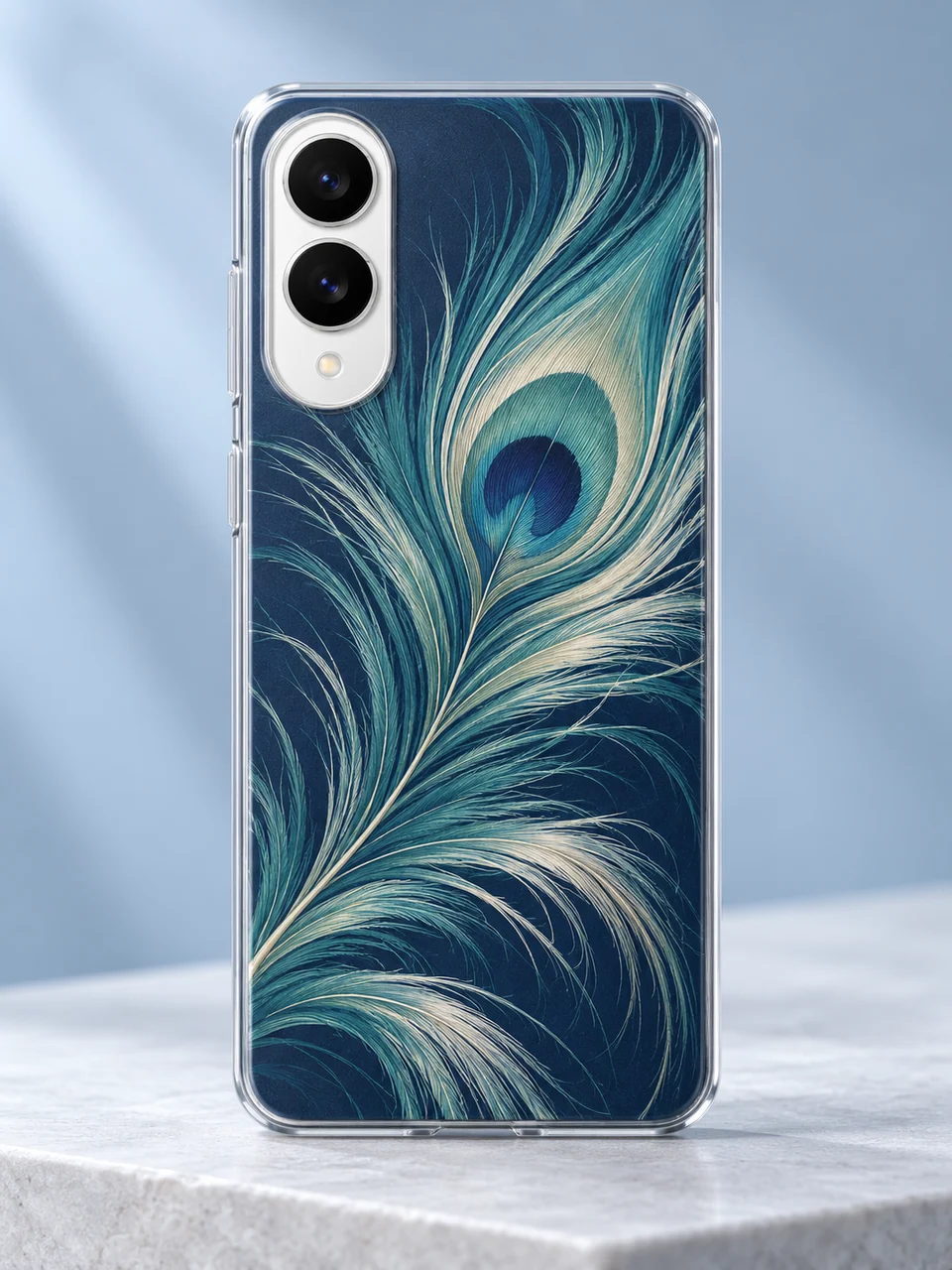 Personalisierte Samsung Galaxy S25 Edge Handyhülle 1 Custom Galaxy S25 Edge clear TPU case with a teal peacock feather design printed on the back.