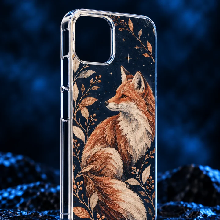 Slim clear-sided magnetic phone case with copper and ivory fox artwork on navy, its magnetic ring concealed beneath the print.