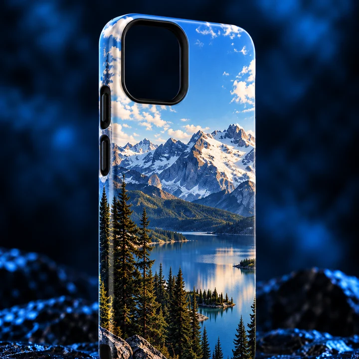 MagSafe Tough case with smooth mountain artwork printed on its hard shell and a black inner rim.