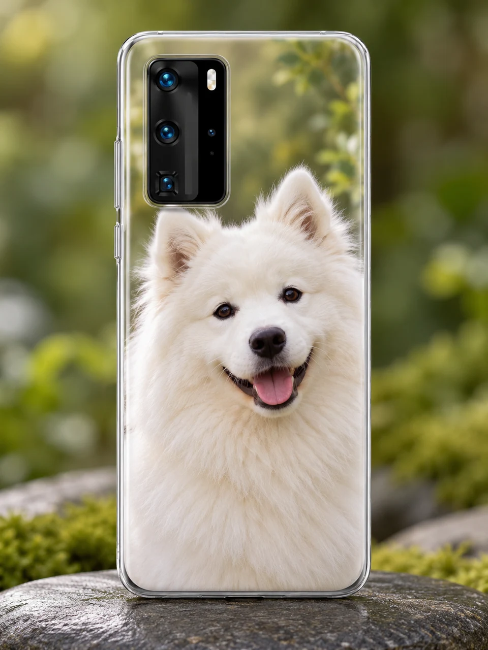 Custom Huawei Phone Cases 1 Huawei P40 Pro clear TPU / silicone-gel case with a smiling white Samoyed dog portrait with realistic fluffy fur, soft pale olive background printed on the back.
