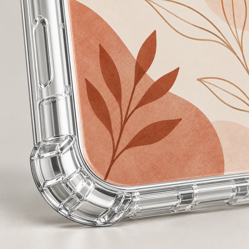 Close-up of the clear reinforced corner bumper on a hybrid phone case.