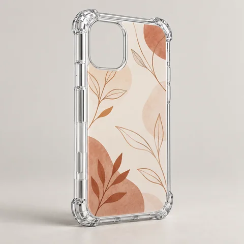 Illustrative hybrid phone case with a printed rear panel and reinforced clear corners.