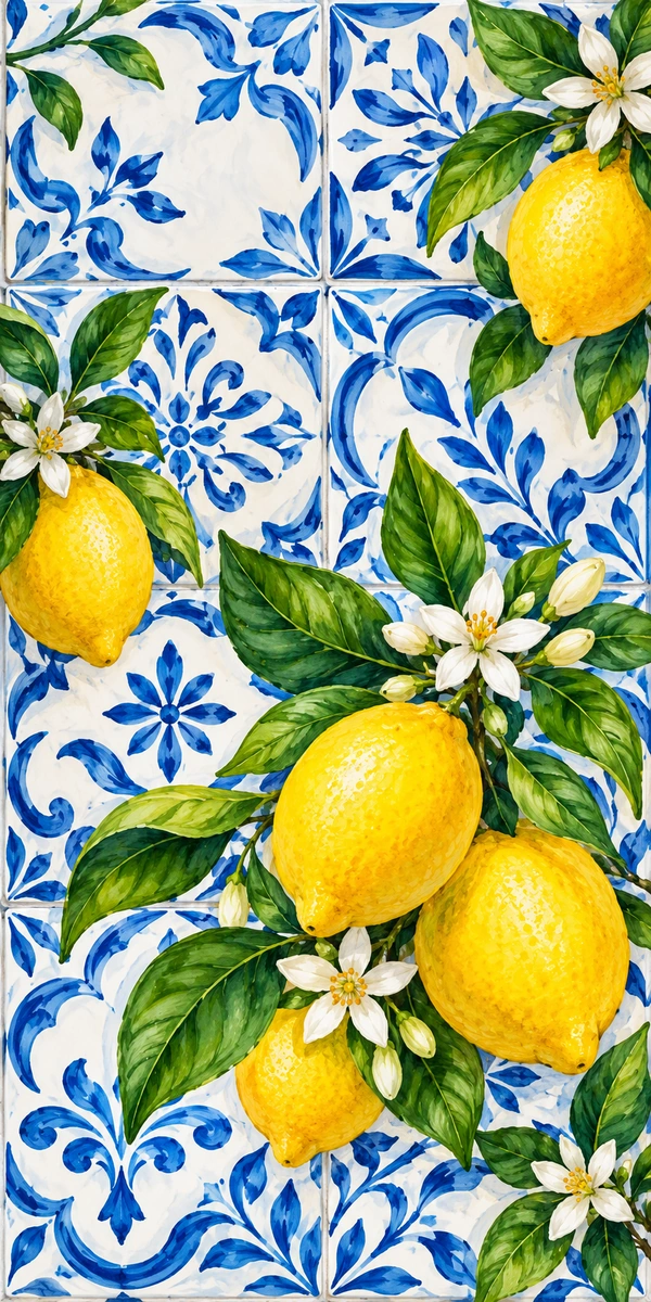 Cover personalizzata con foto 2 Limoni di Amalfi con foglie su maioliche blu e bianche