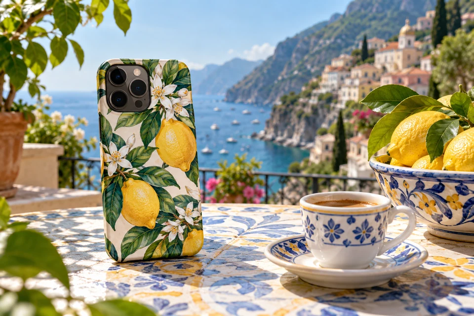 Cover personalizzata con foto 1 Cover personalizzata accanto a un espresso e a dei limoni su una terrazza della Costiera Amalfitana