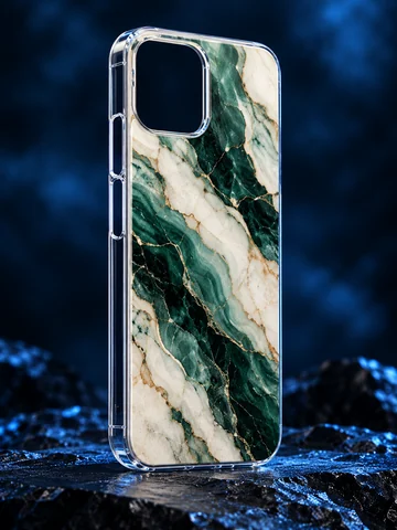 Clear-sided MagSafe-compatible case with a green marble print covering the magnetic ring.