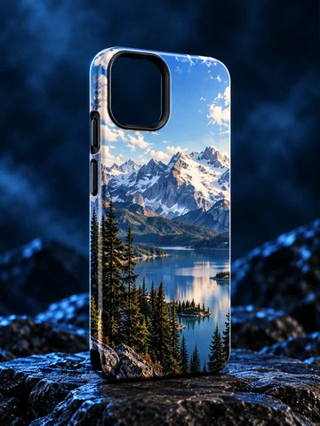 MagSafe Tough-style case with smooth mountain and lake artwork wrapping its hard shell, a black inner rim and no visible magnetic ring.