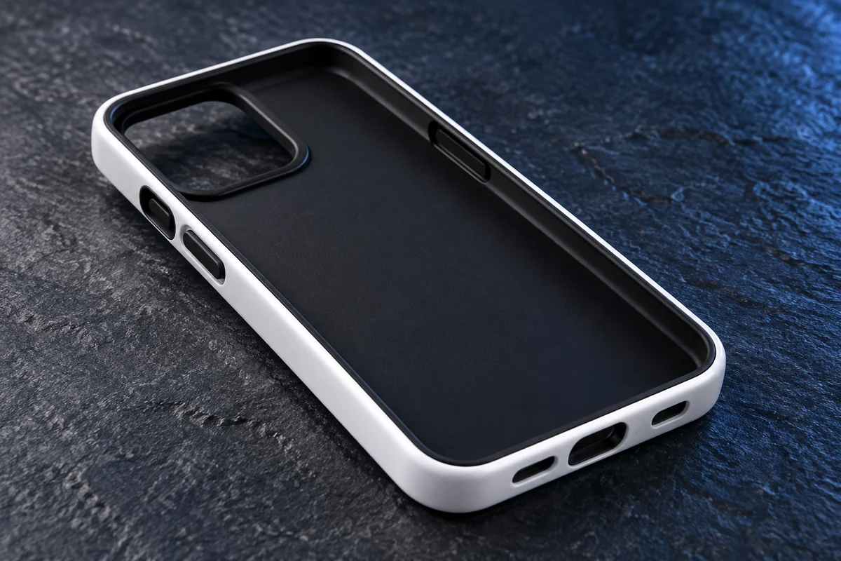 Unprinted assembled Tough case viewed from inside, showing its white hard outer shell and black inner liner.