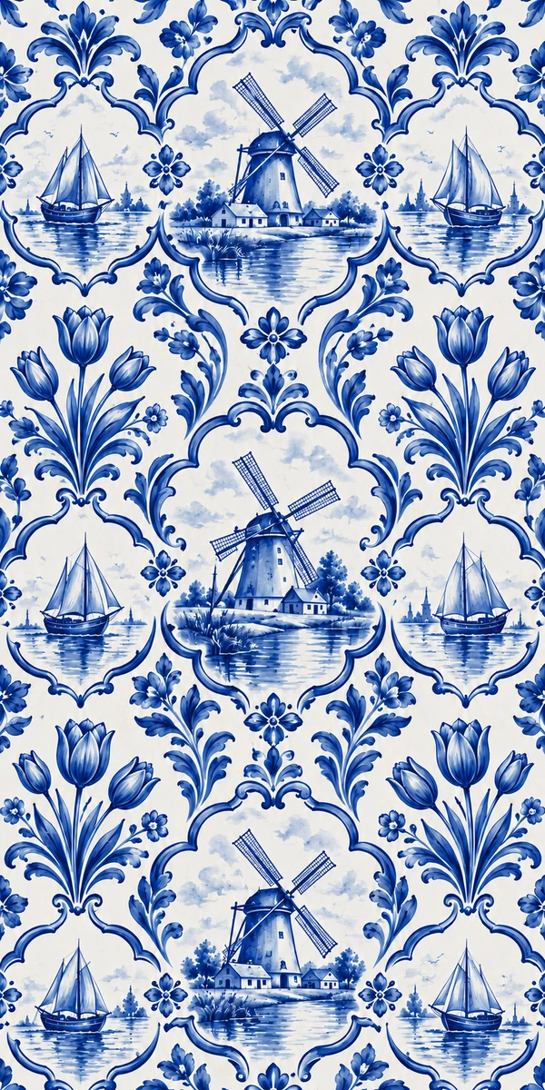 Ontwerp in Delfts blauw met molens, tulpen en zeilschepen