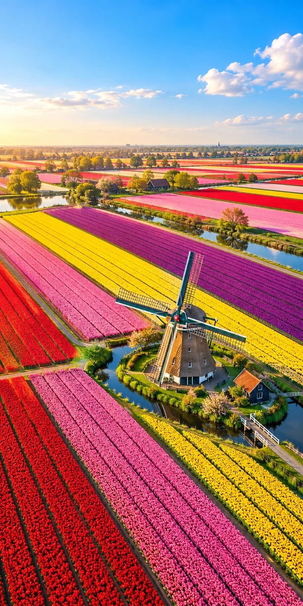 Ontwerp met kleurrijke tulpenvelden en een molen