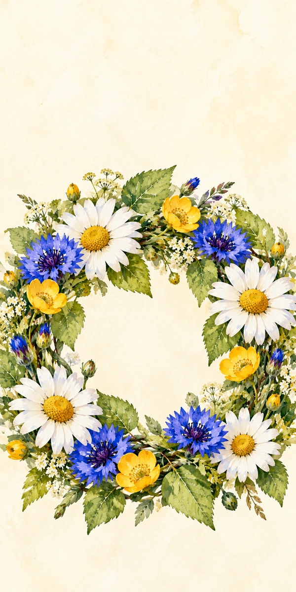 Midsommarkrans i akvarell med prästkragar, blåklint och smörblommor