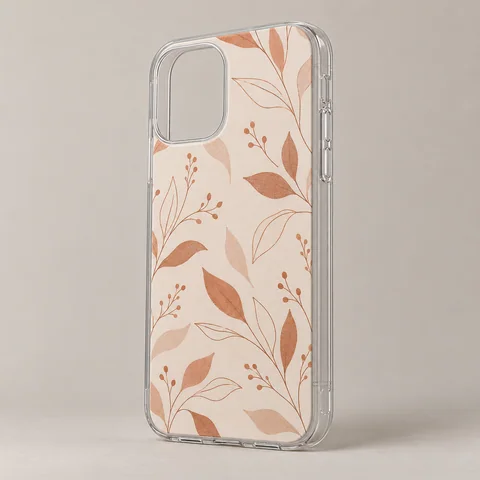 Illustrative flexible TPU case with a botanical print on the back and clear sides.
