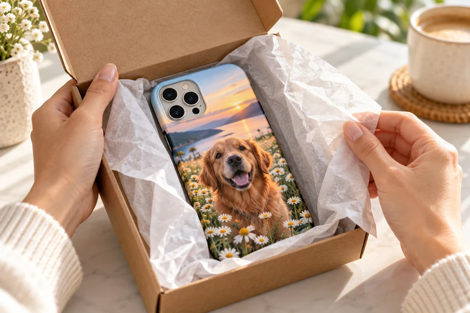 Hands opening a kraft mailer box to reveal a personalised photo phone case wrapped in tissue paper.