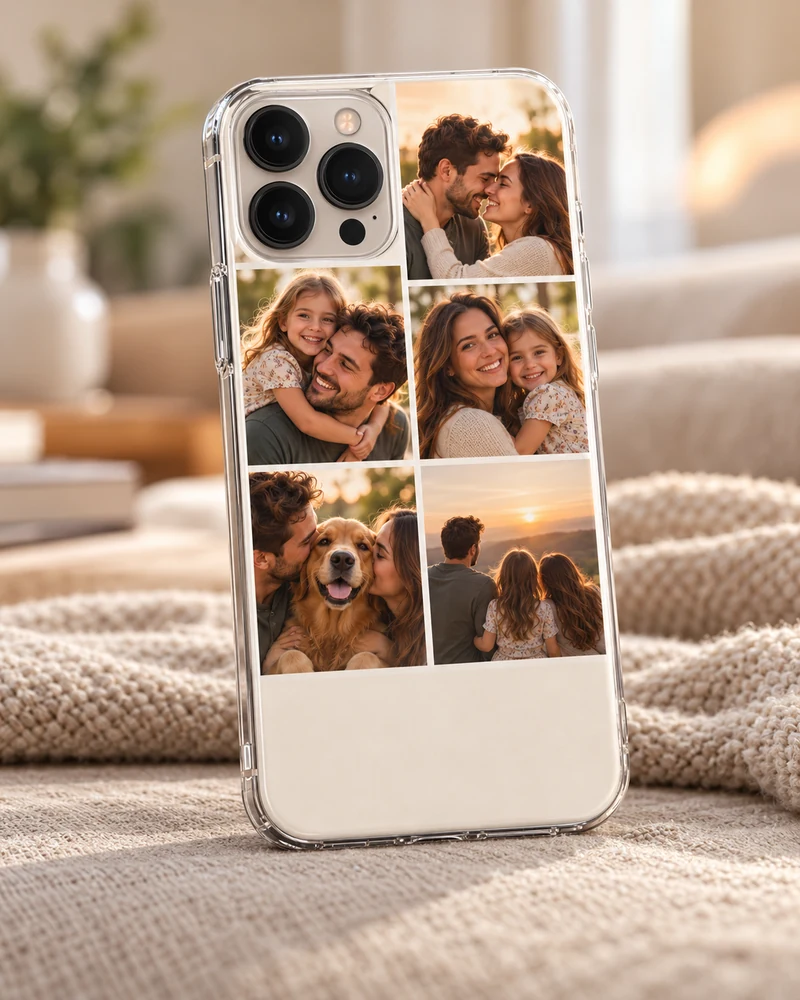 Home 9 Family photo collage case in a warm linen interior.