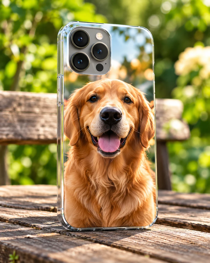 Home 7 Golden retriever photo case on a wooden garden bench.