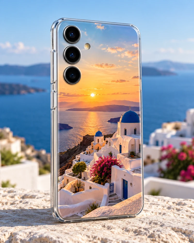 Home 8 Santorini photo case on a pale ledge beside a blue sea.